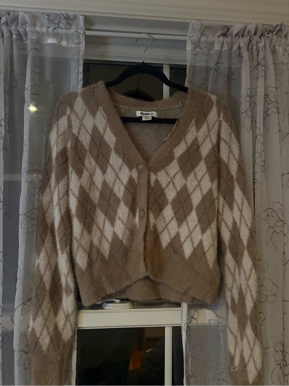 William Rast Cream & Brown Argyle V-Neck Cropped Cardigan